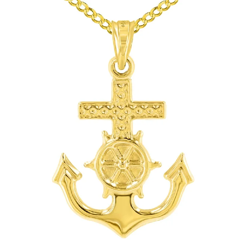 Polished 14K Yellow Gold Anchor Charm with Mariner's Cross Nautical Pendant Cuban Necklace Polished 14K Yellow Gold Anchor Charm with Mariner's Cross Nautical Pendant Cuban Necklace