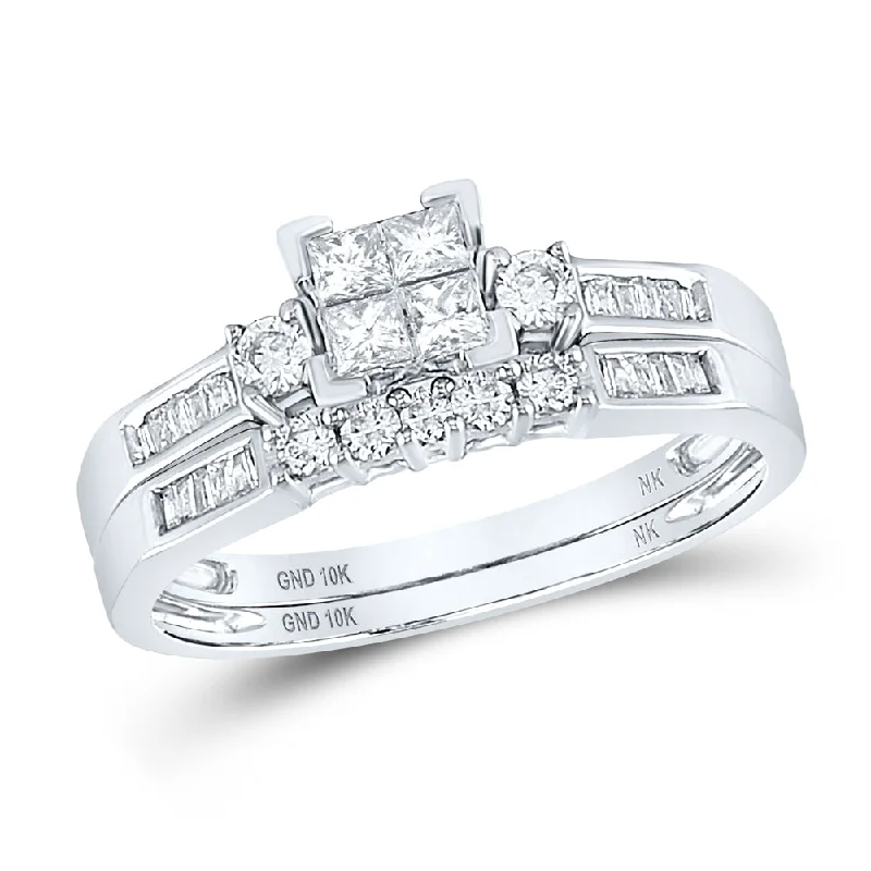 10kt White Gold Princess Diamond Square Bridal Wedding Ring Band Set 1 Cttw