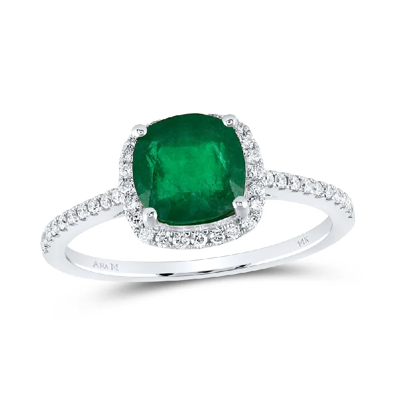 14kt White Gold Womens Cushion Emerald Diamond Halo Ring 1-7/8 Cttw