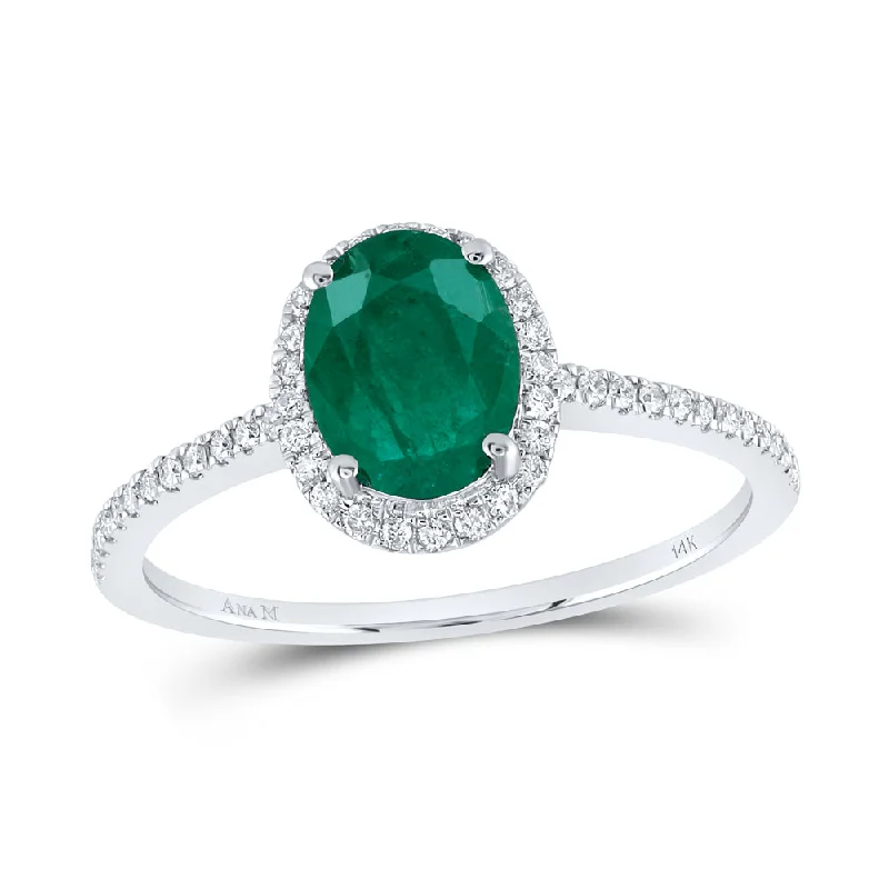 14kt White Gold Womens Oval Emerald Diamond Halo Ring 1-1/4 Cttw