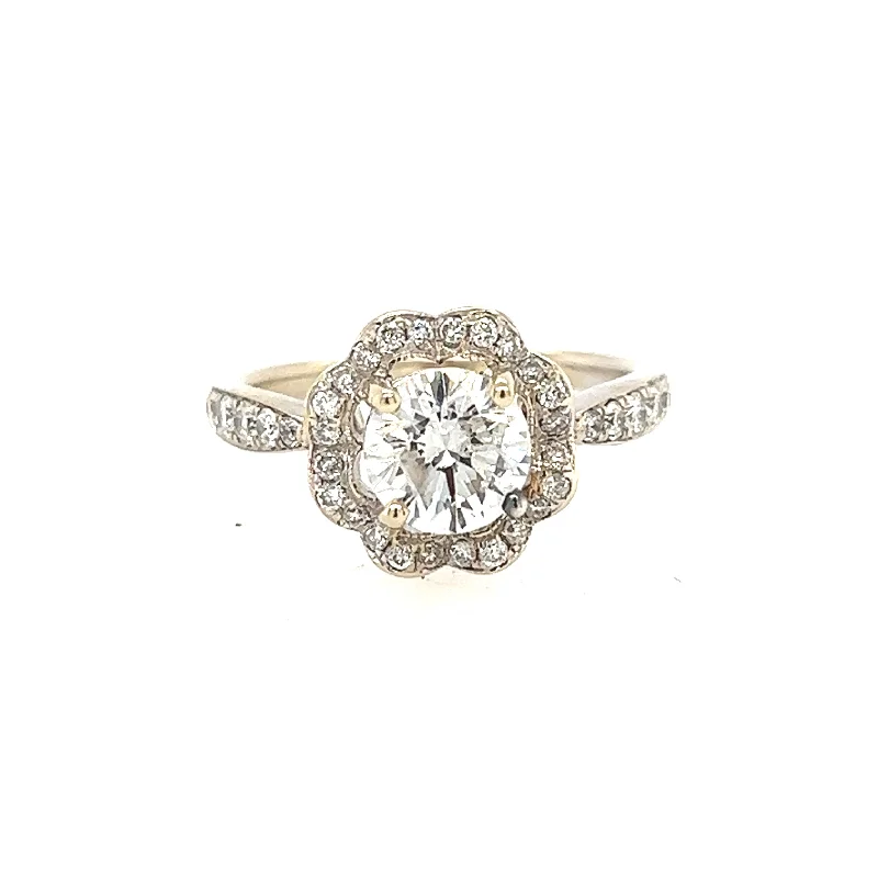 Approximate 1.62 Carat 14K White Gold Scalloped Halo Diamond Engagement Ring, Wedding Ring Size 6 1/2 US