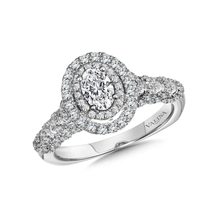 A diamond halo mount set in 14k white gold.