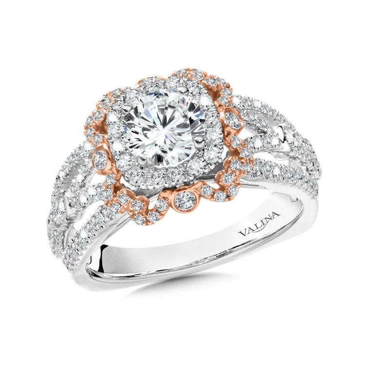 Wide Two-Tone Double Halo Diamond Engagement Ring w/ Split Shank