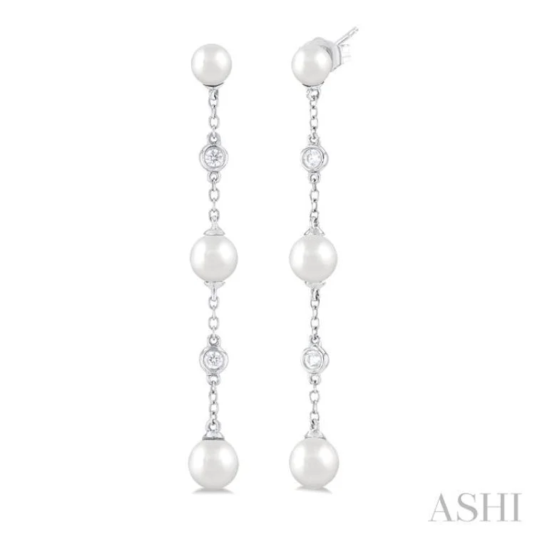 1/10 ctw Cultured Pearls 4X4 MM, 5X5 MM and 6X6 MM & Round Cut Diamond Station Long Earring in 14K White Gold