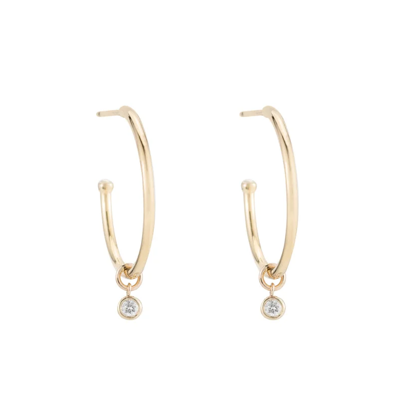 Solid Gold Dangling Diamond Hoop Earrings, 14k