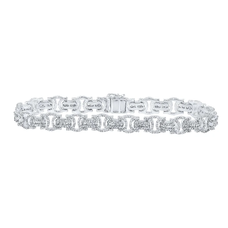 10kt White Gold Mens Baguette Diamond Byzantine Link Bracelet 3-3/4 Cttw