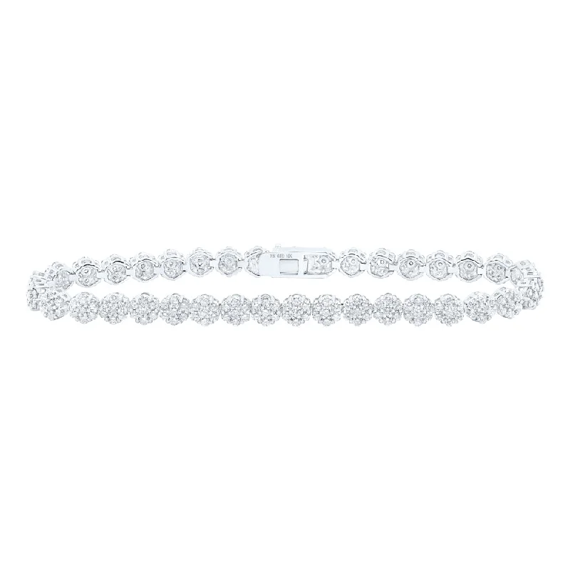 10kt White Gold Womens Round Diamond Cluster Link Fashion Bracelet 4-3/8 Cttw