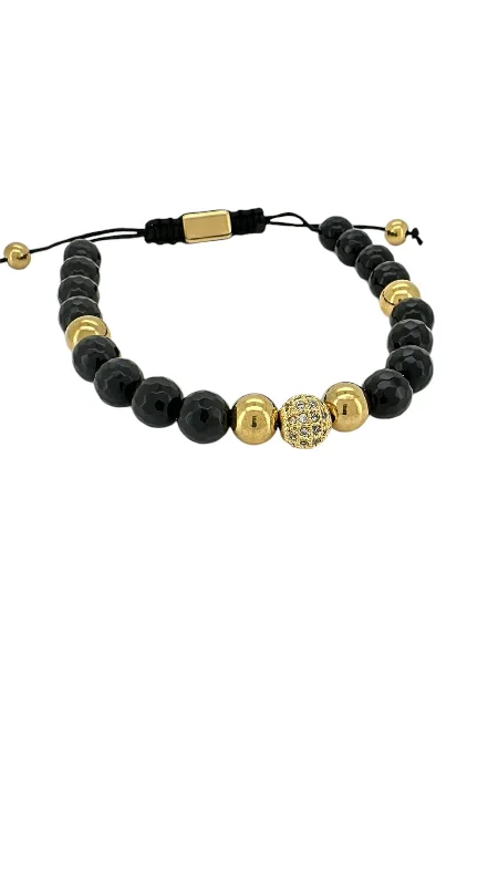 Black Onyx and Gold CZ Ball Macrame Bracelet