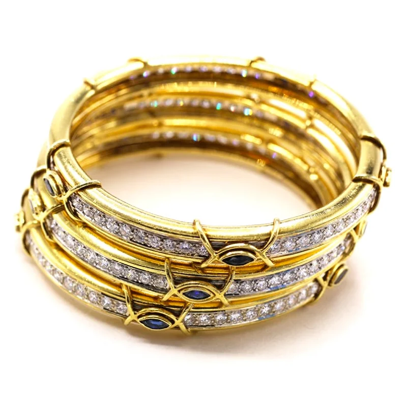 Boris Lebeau 1980s 18KT Yellow Gold Diamond & Sapphire Bangle Bracelets