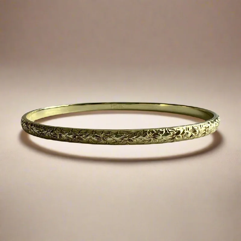 Hibiscus & Plumeria w/ Leaves 4mm Bangle Bracelet in 14K Green Gold