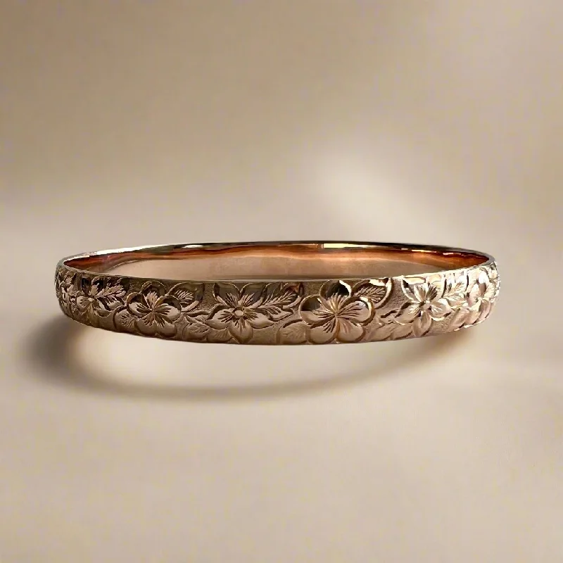 Hibiscus & Plumeria w/ Leaves 8mm Bangle Bracelet in 14K Pink Gold