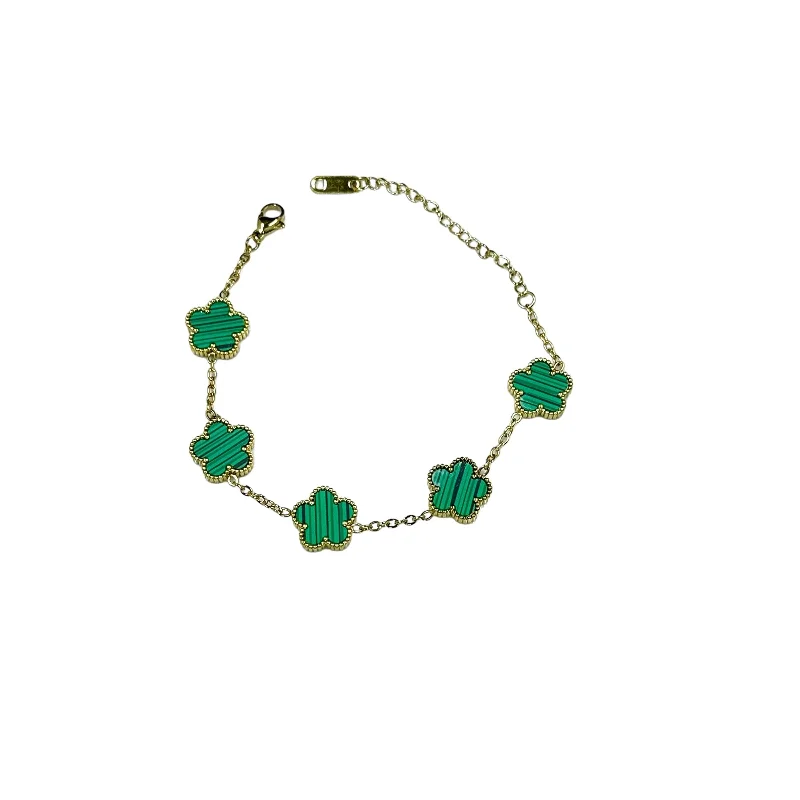 Kaitlin Flower Clover Green Malachite Gold Bracelet