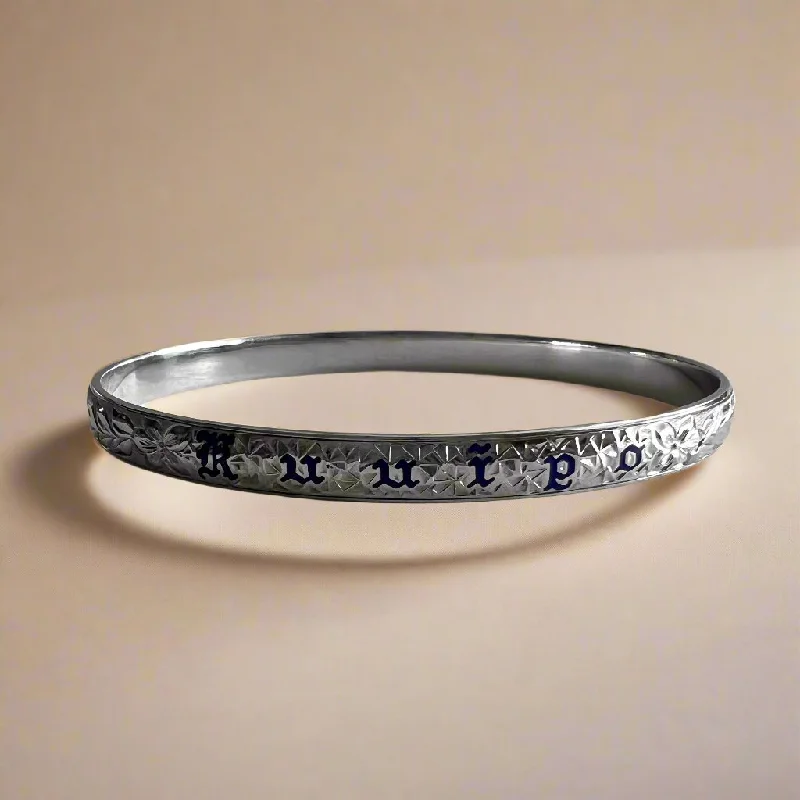 Shiny Maile & Hibiscus 6mm "Kuuipo" Bangle Bracelet in 14K White Gold