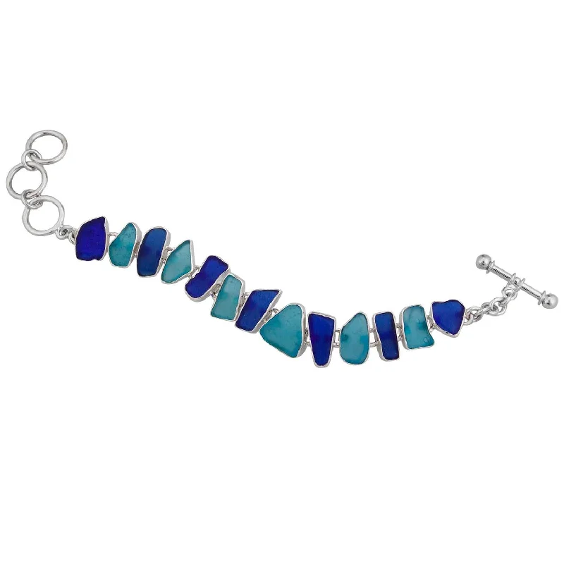 Sterling Silver Aqua and Cobalt Blue Recycled Glass Bracelet