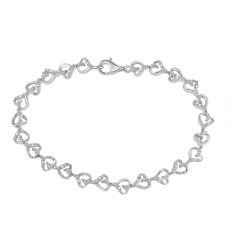 Sterling Silver Womens Round Diamond Heart Bracelet 1/10 Cttw