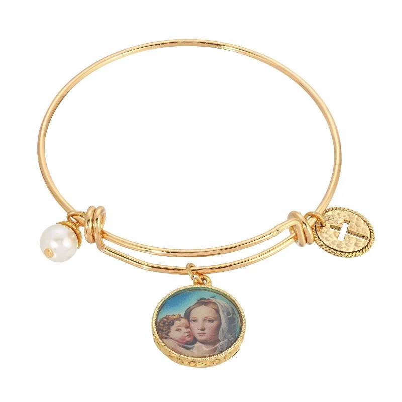 Symbols Of Faith Cross, Faux Pearl, Mary And Child Charm Bangle Bracelet